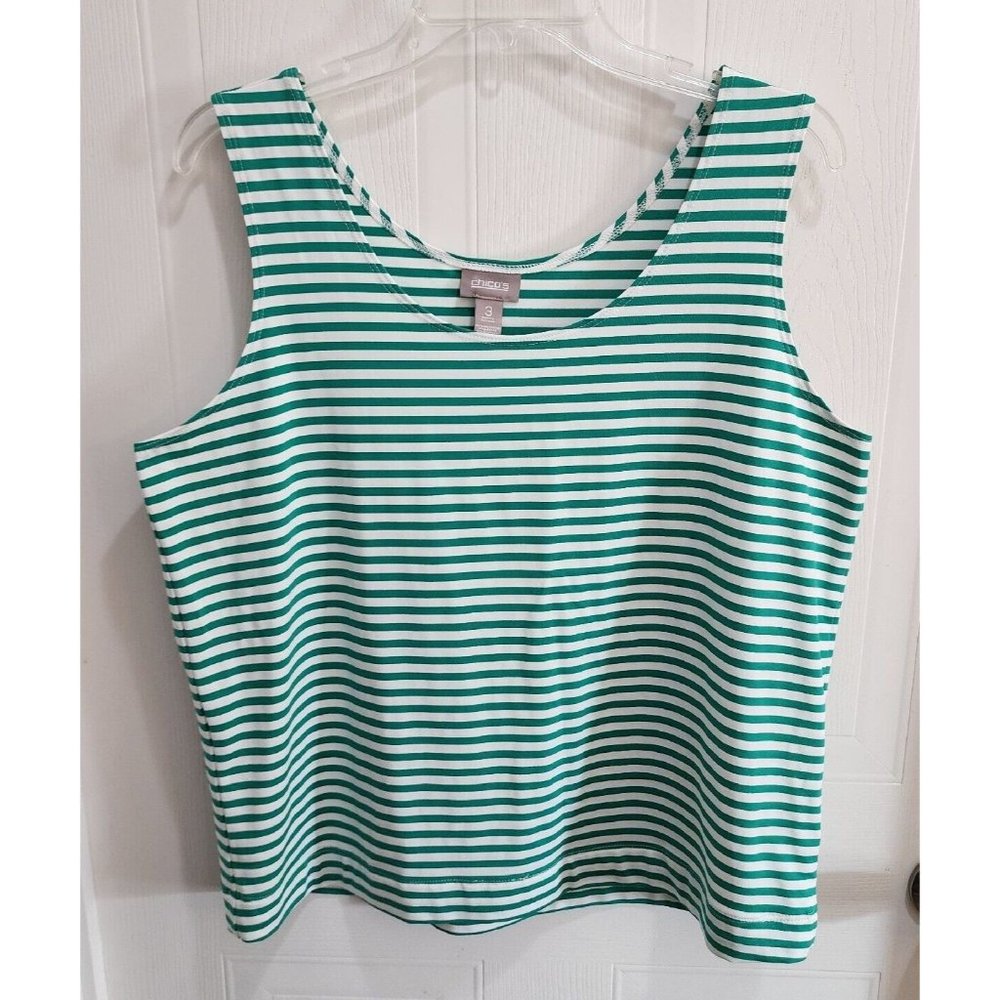 Chico's Women's Stretch Sleeveless Tank Top Shell White Green Stripe Size 3 (XL)